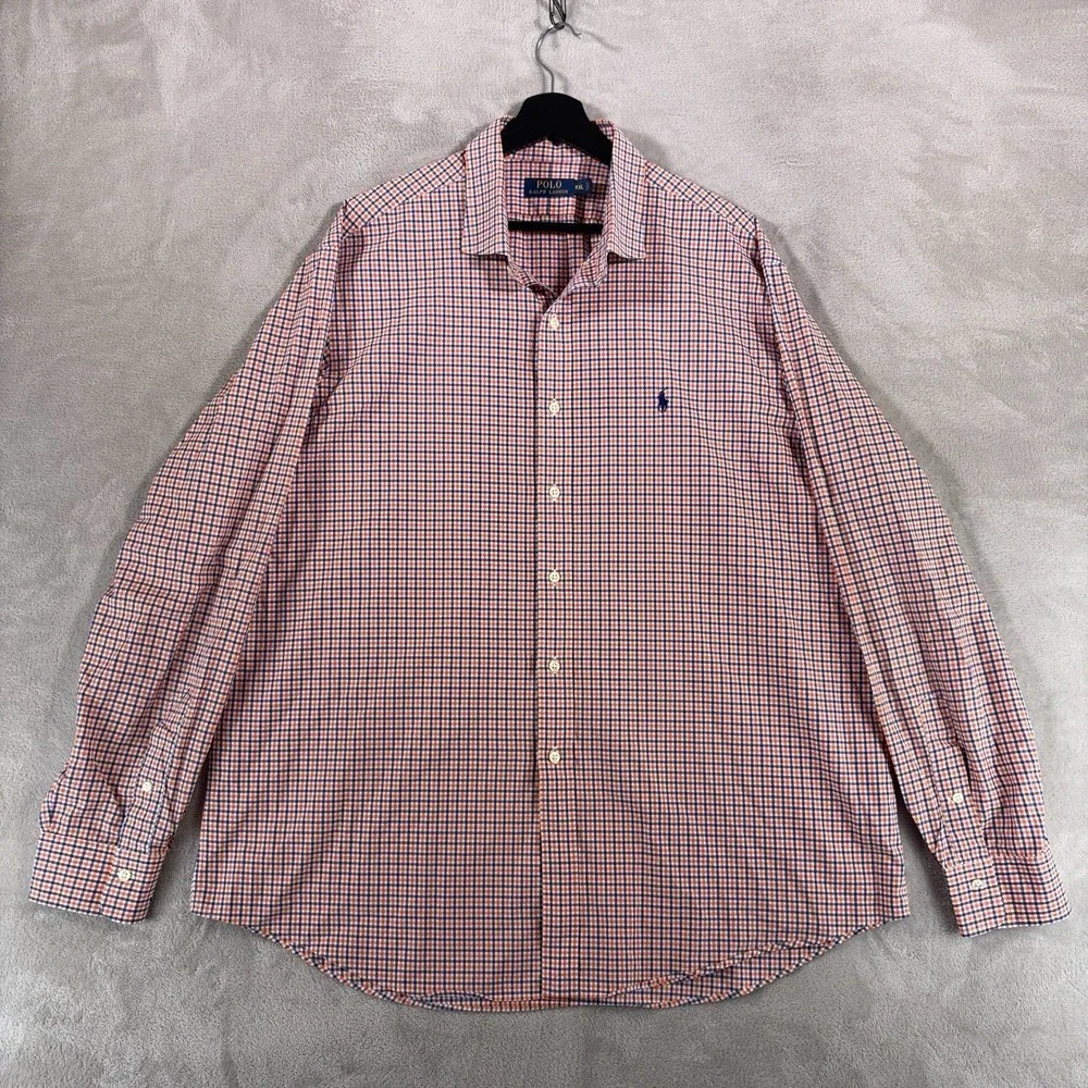 Polo Ralph Lauren Button Up Shirt Mens XXL Orange Blue Gingham Check Cotton